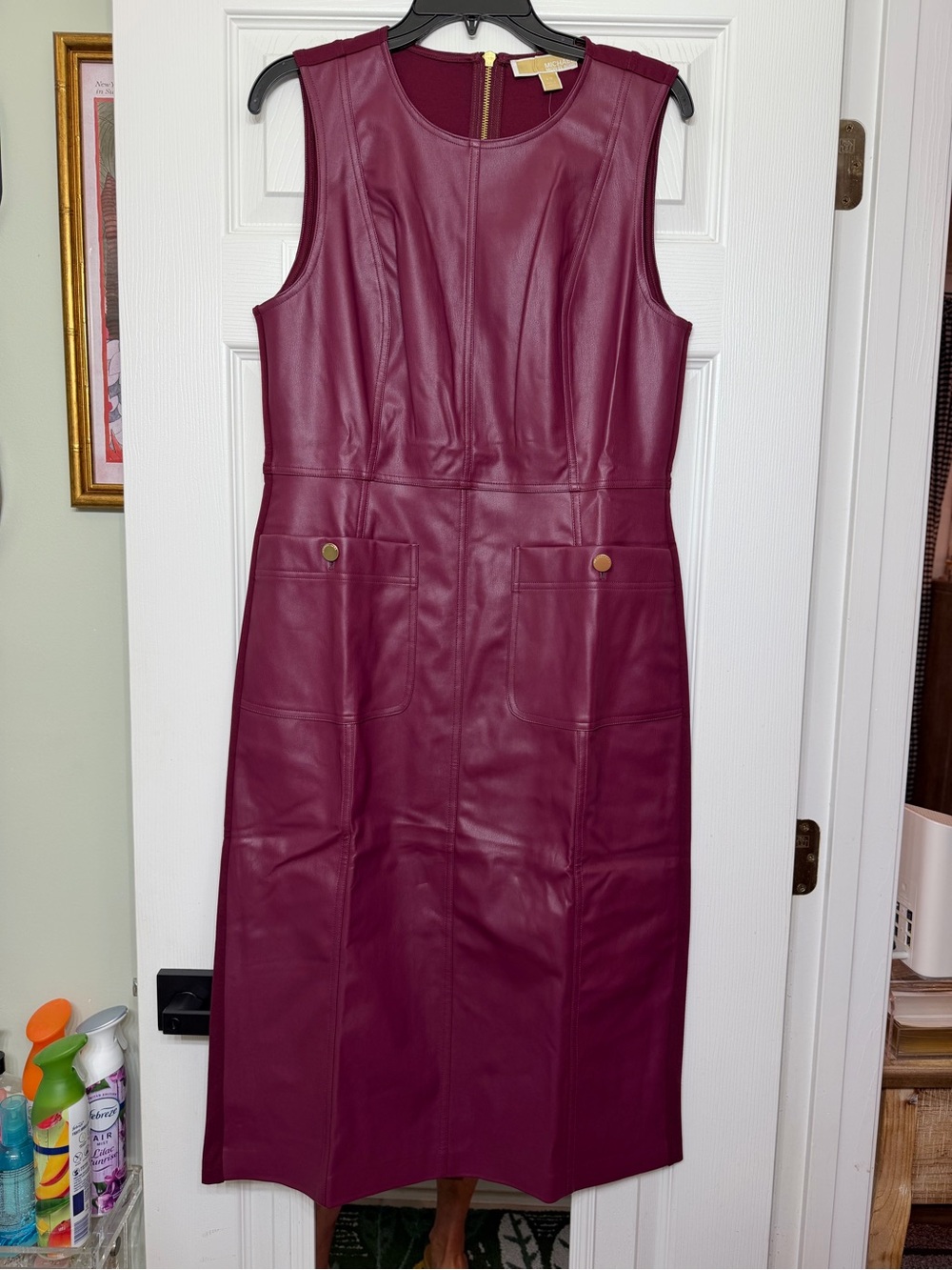 Michael Kors sleeveless dark ruby faux leather midi dress NWT